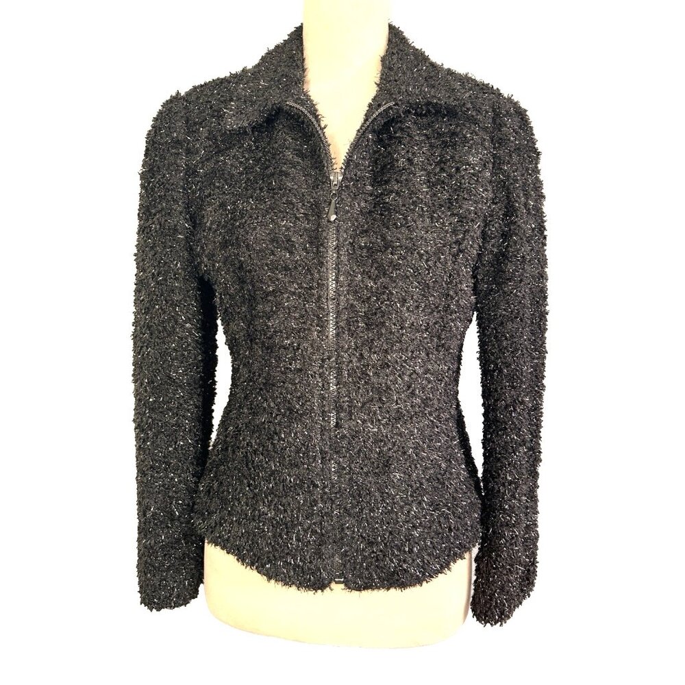 VTG Giancarlo Ferrari Jacket Black Collared Faux Fur Metallic Zip Front Lined 8P